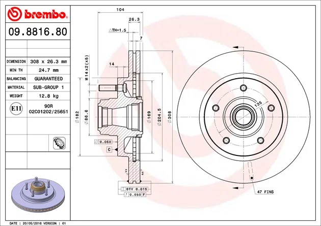09881680C02 – BREMBO Brake Rotor, Vented One Piece Design Wheel Bolt Pattern 5 x 135 Millimeter 308 Millimeter Diamet...